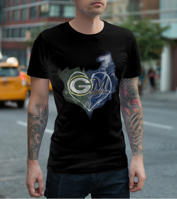 Green Bay Packers Milwaukee Brewers Heart T-Shirt