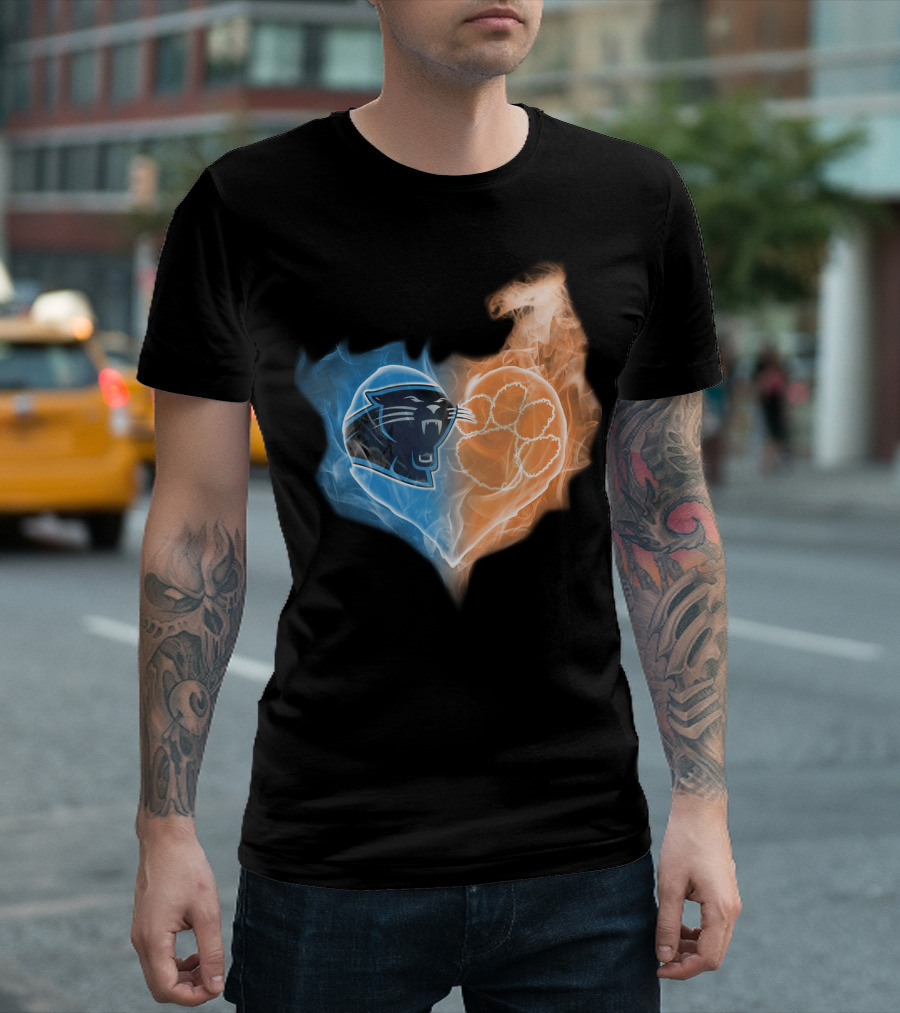 Carolina Panthers Clemson Tigers Heart Logo Fire And Ice T-Shirt