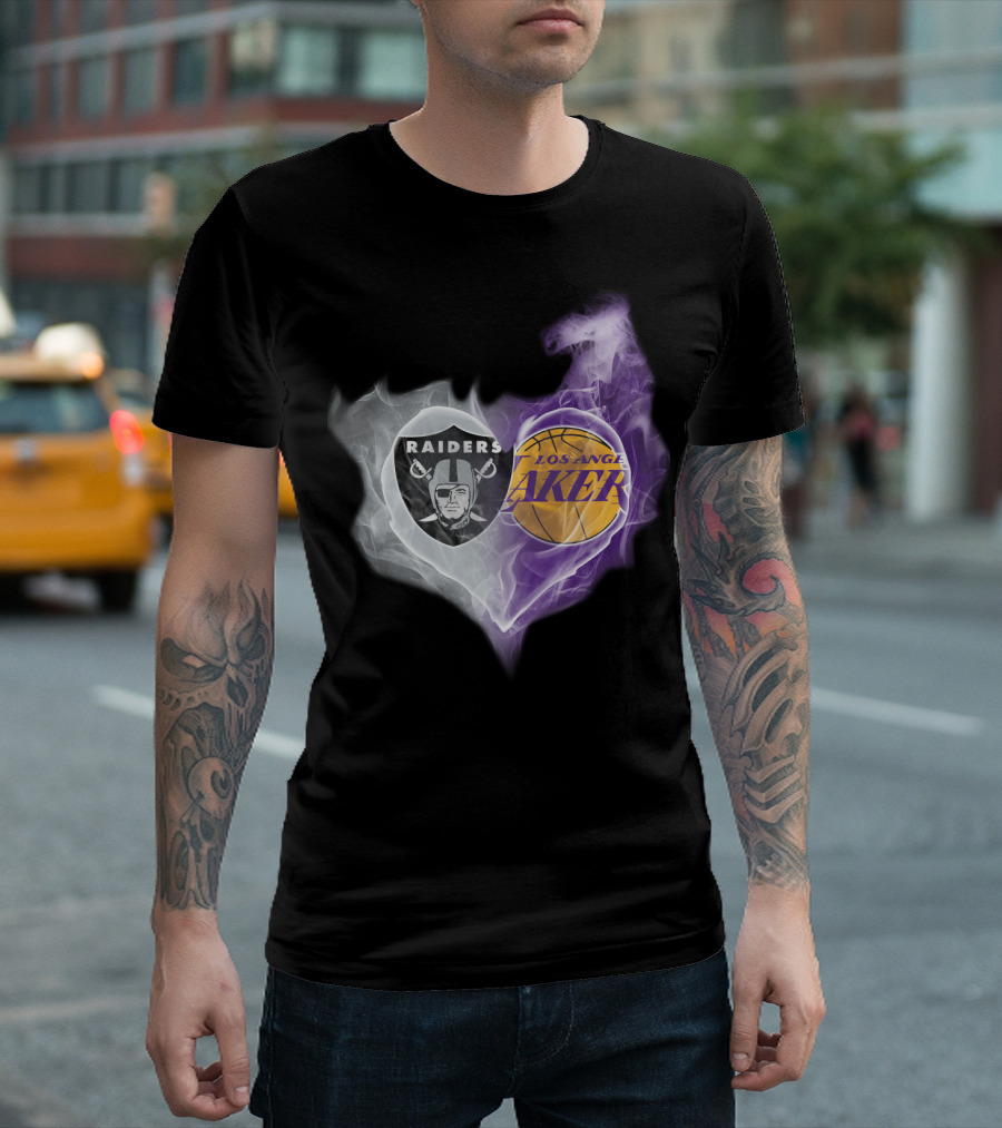 Raiders Los Angeles Lakers Heart Smoky Fusion T-Shirt