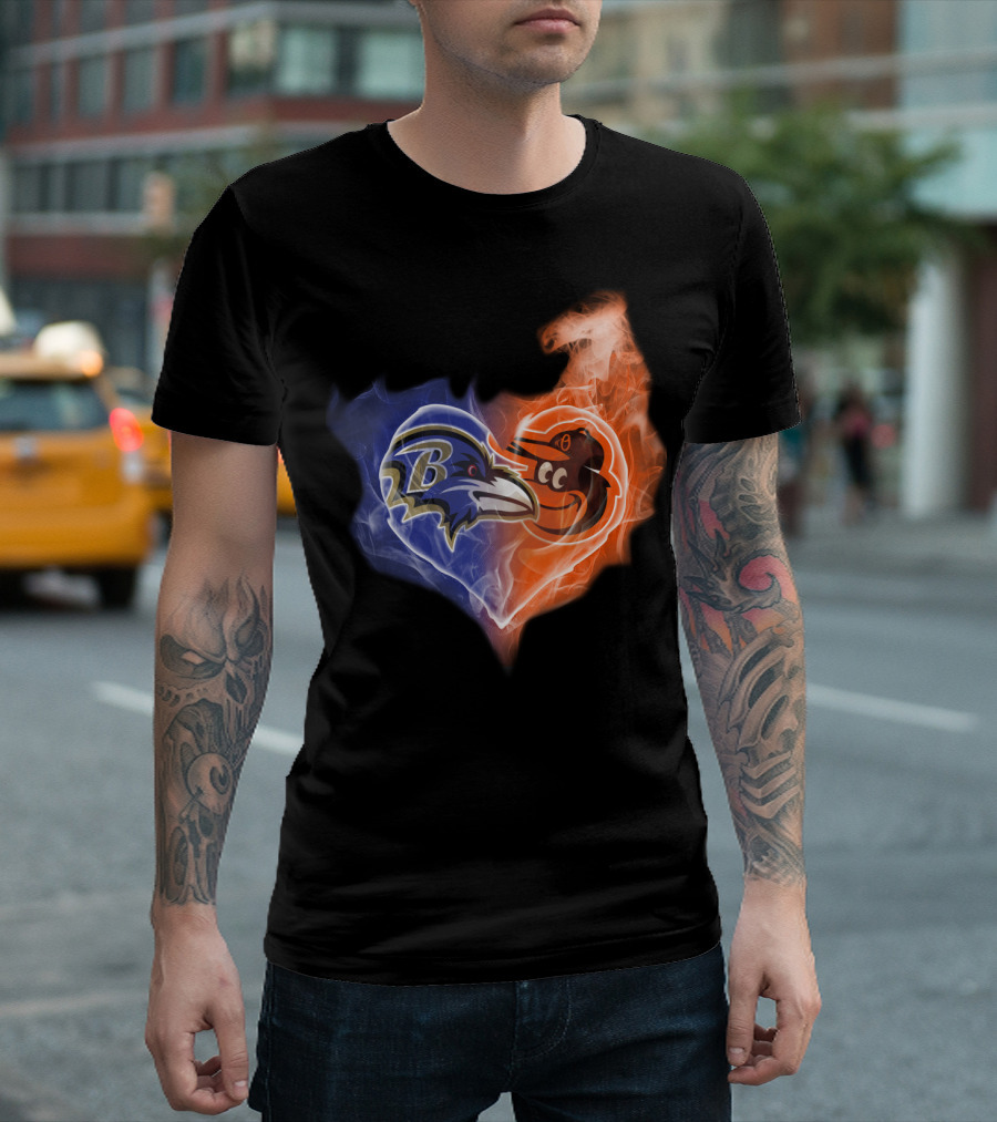 Baltimore Ravens Orioles Heart Flame T-Shirt
