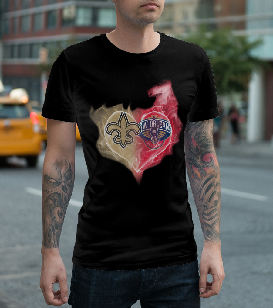 New Orleans Saints Pelicans Heart Logo Fusion T-Shirt