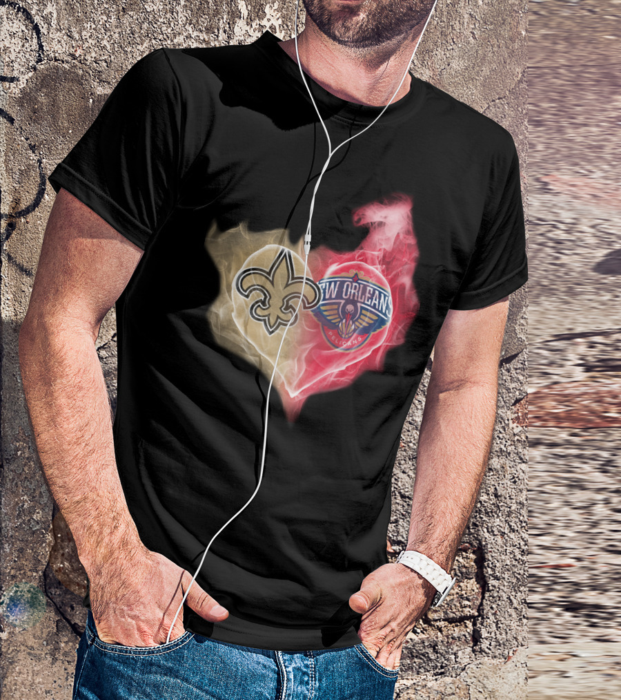 New Orleans Saints Pelicans Heart Logo Fusion T-Shirt