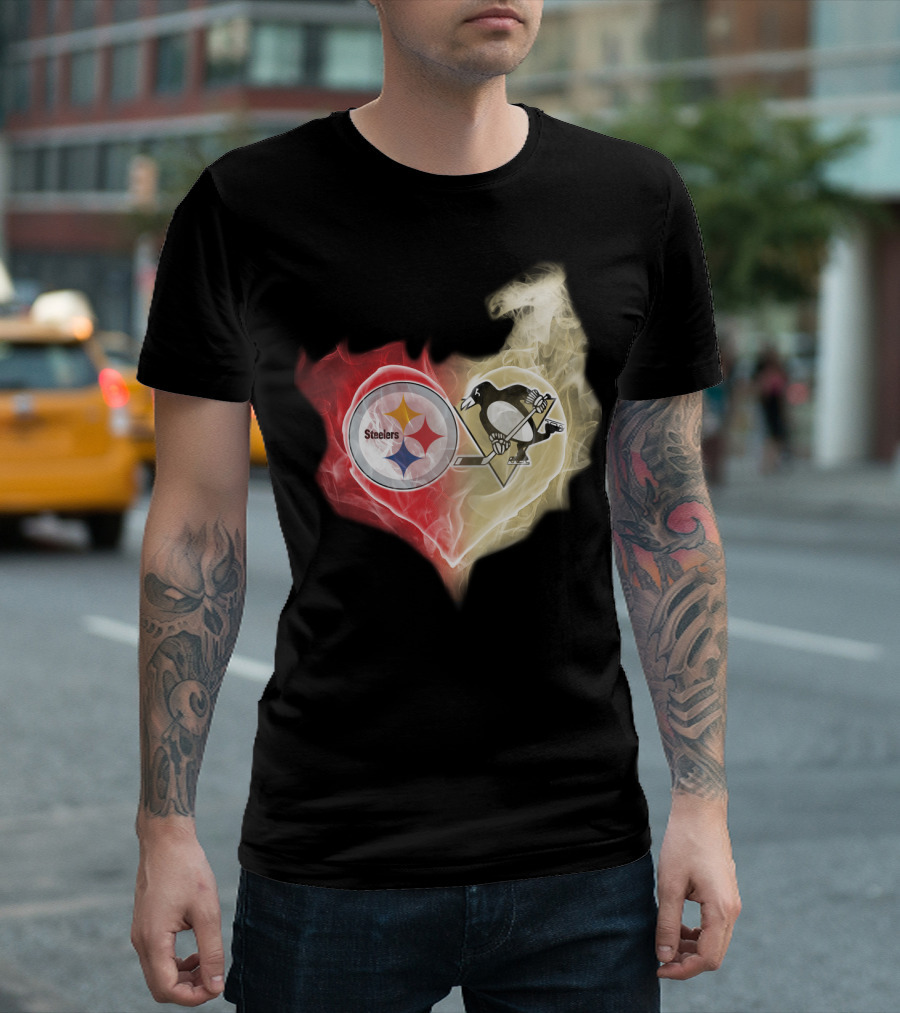 Steelers Pittsburgh Penguins Heart Shape Emblem T-Shirt