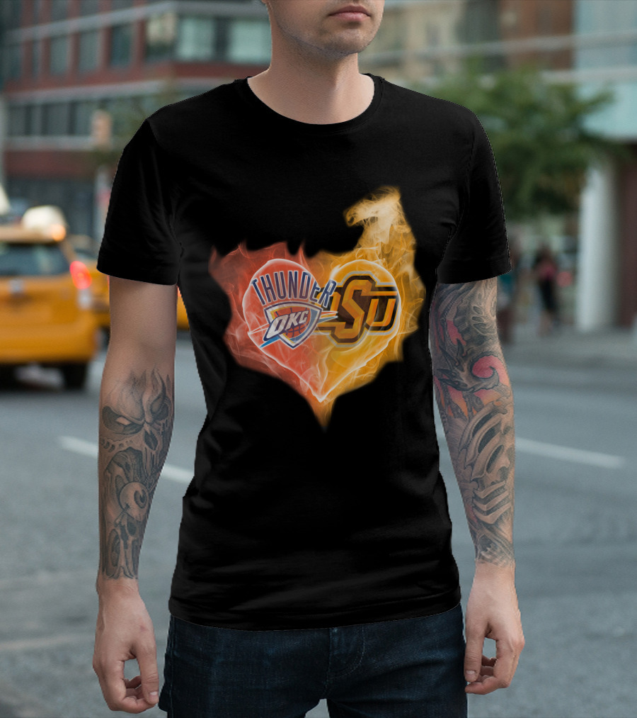 Thunder OKC And OSU Cowboys Flame Heart T-Shirt