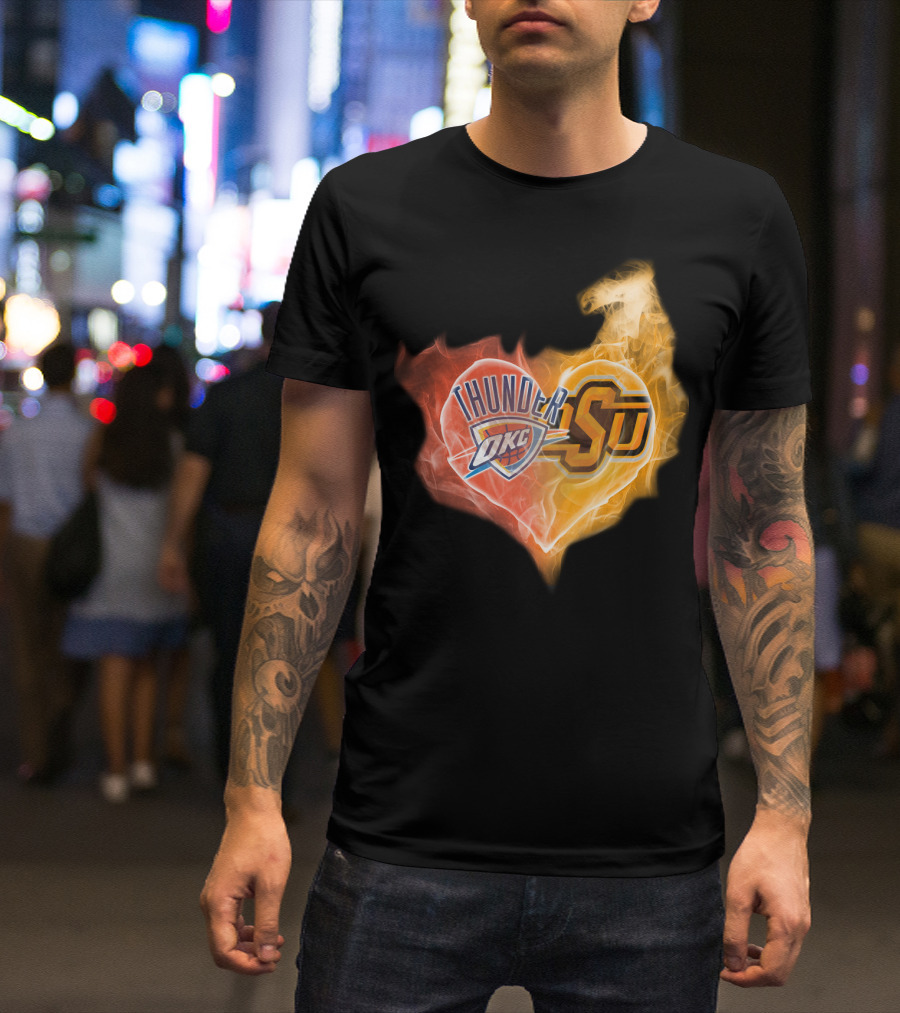 Thunder OKC And OSU Cowboys Flame Heart T-Shirt