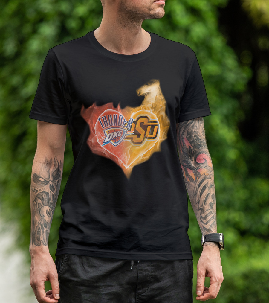 Thunder OKC And OSU Cowboys Flame Heart T-Shirt