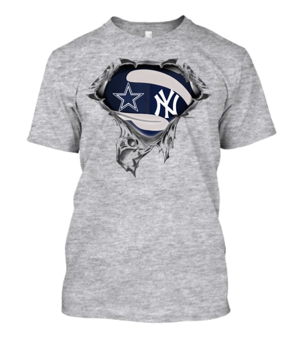 Cowboys Yankees Star And Ny Logo Fusion On Torn Fabric T-Shirt