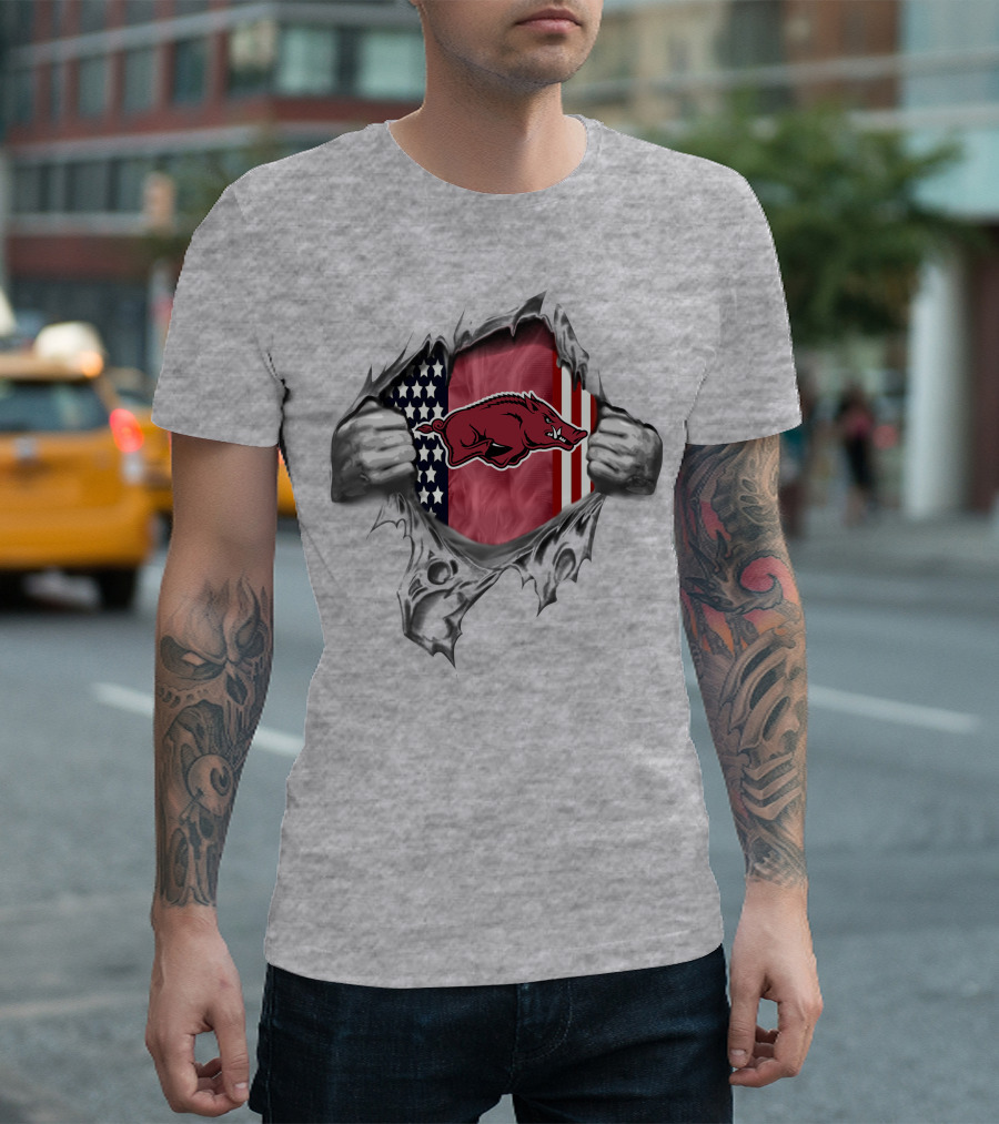 Torn American Flag With Arkansas Razorbacks Logo Peeking Through T-Shirt