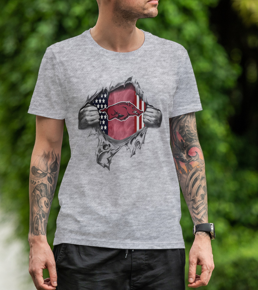 Torn American Flag With Arkansas Razorbacks Logo Peeking Through T-Shirt