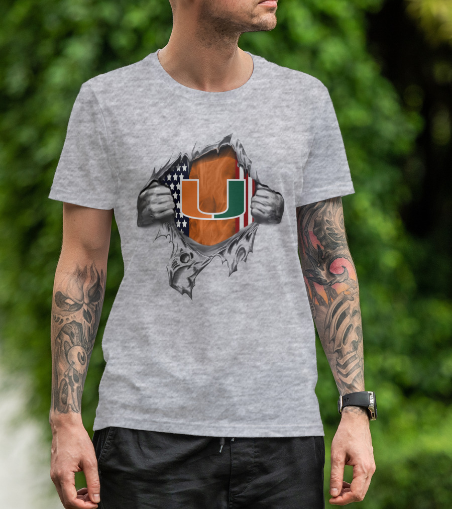 Usa Flag Miami Hurricanes U Logo Burst T-Shirt