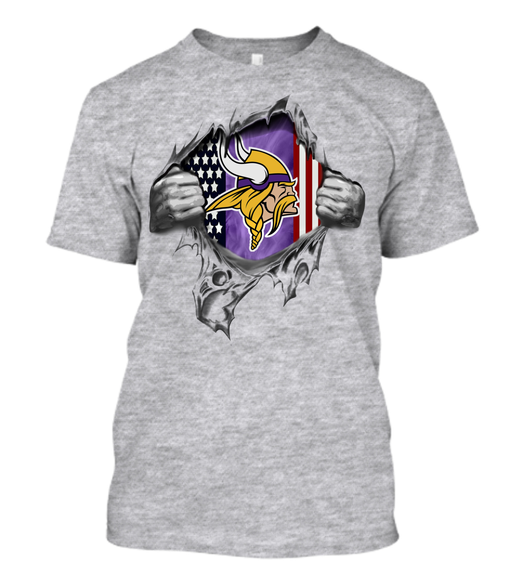 Ripped American Flag With Minnesota Vikings Logo And Viking Head T-Shirt