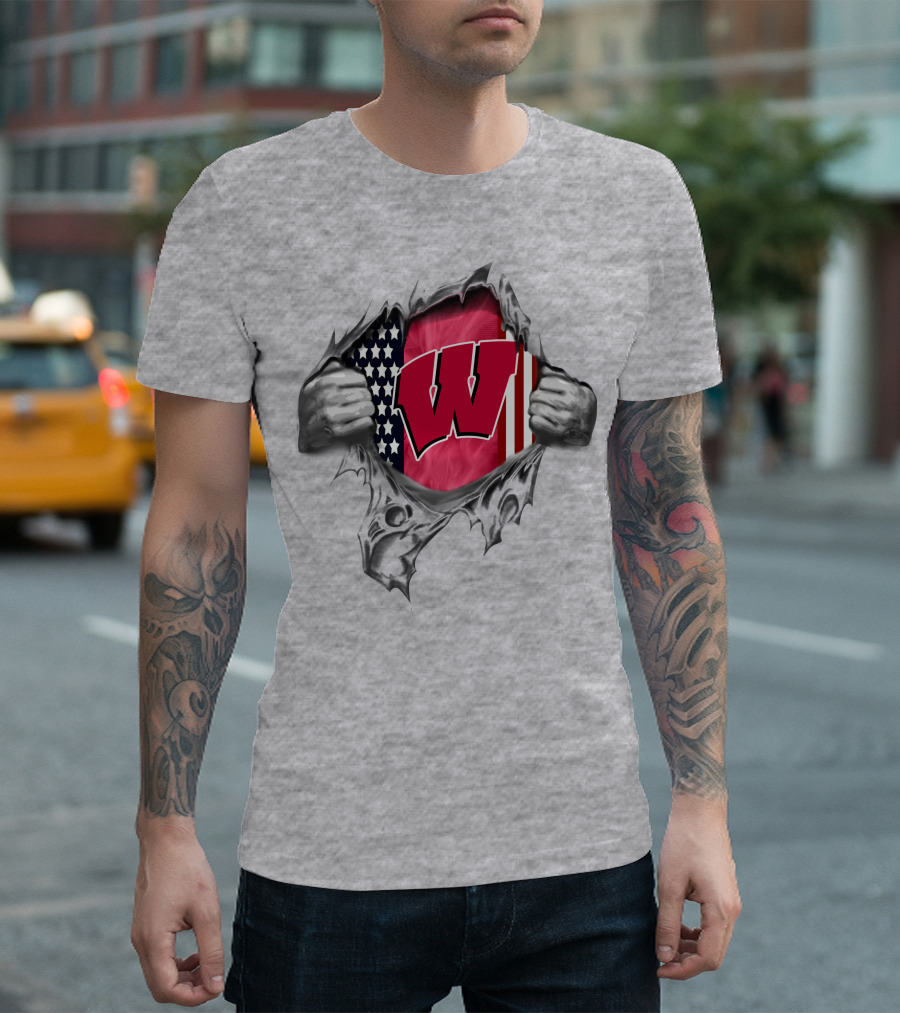 Wisconsin Badgers American Flag Ripped Reveal T-Shirt