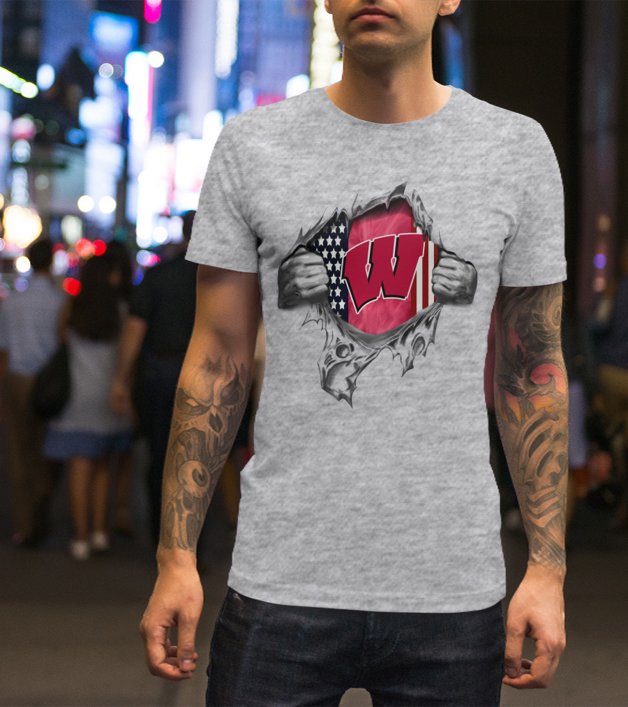 Wisconsin Badgers American Flag Ripped Reveal T-Shirt