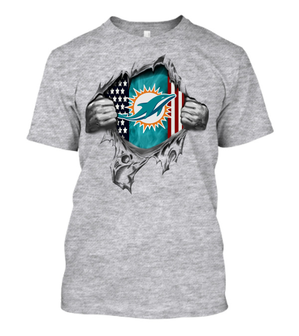 American Flag Miami Dolphins Logo Peeking Through Torn T-Shirt