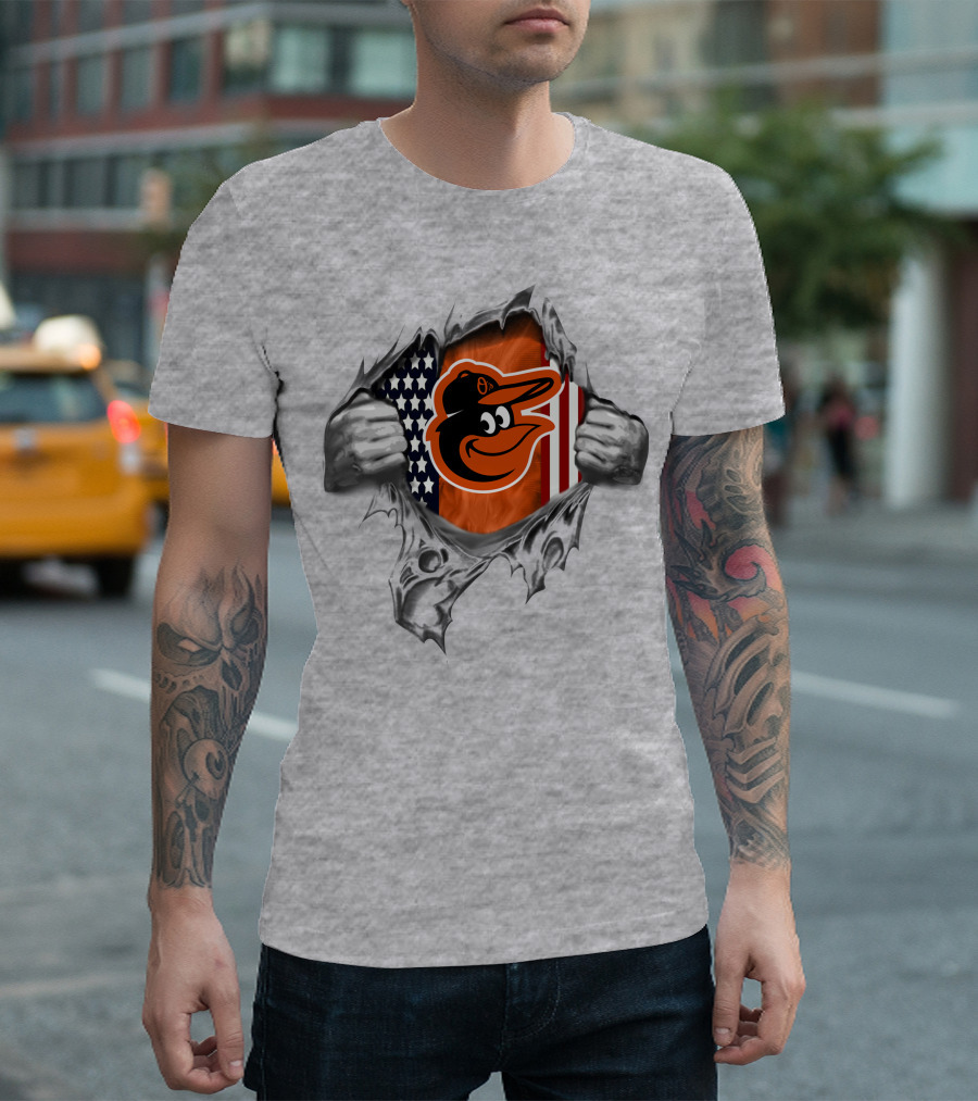 Baltimore Orioles American Flag Baseball Team Logo Peeling Layers T-Shirt