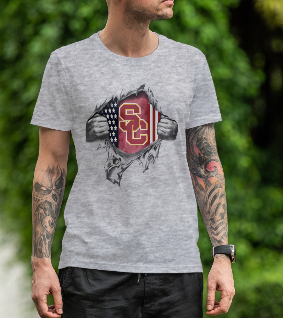Usc Trojans American Flag Logo Ripped Chest T-Shirt