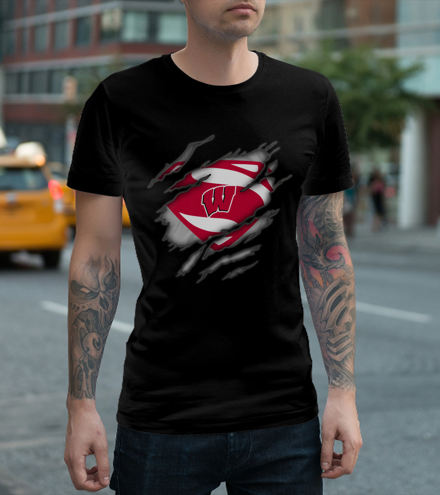 Wisconsin Badgers Logo With Superman Style Shield Print T-Shirt