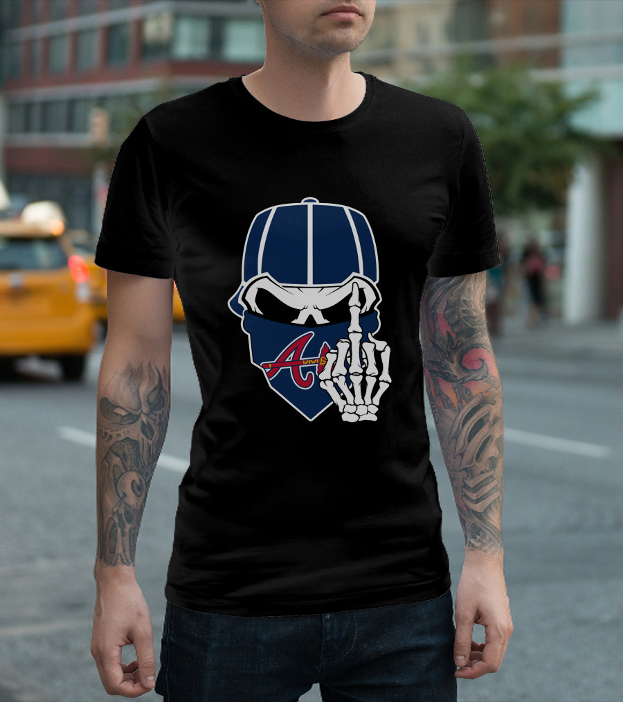 Atlanta Braves Skull Bandana And Skeleton Hand Gesture T-Shirt