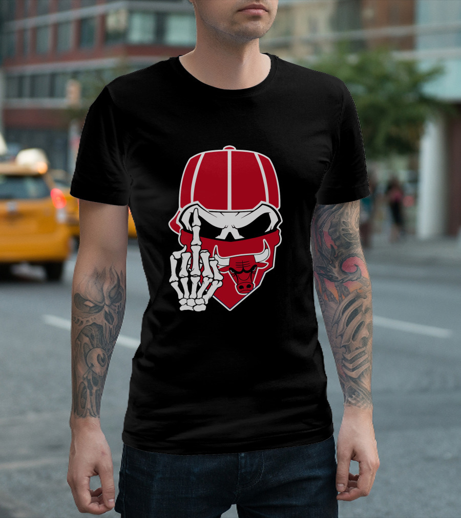 Chicago Bulls Skull Bandana Skeleton Hand Gesture T-Shirt