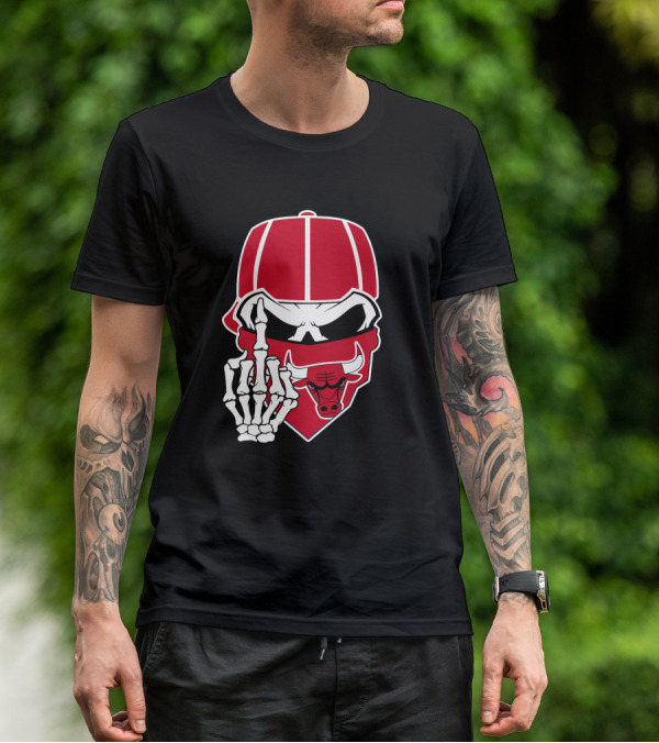 Chicago Bulls Skull Bandana Skeleton Hand Gesture T-Shirt