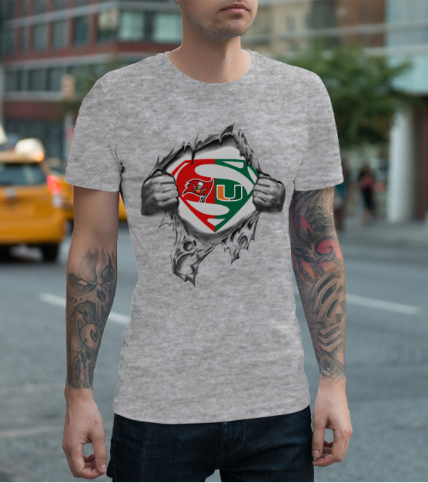 Superman Logo With Buccaneers And Miami Hurricanes Symbols Tear Reveal T-Shirt