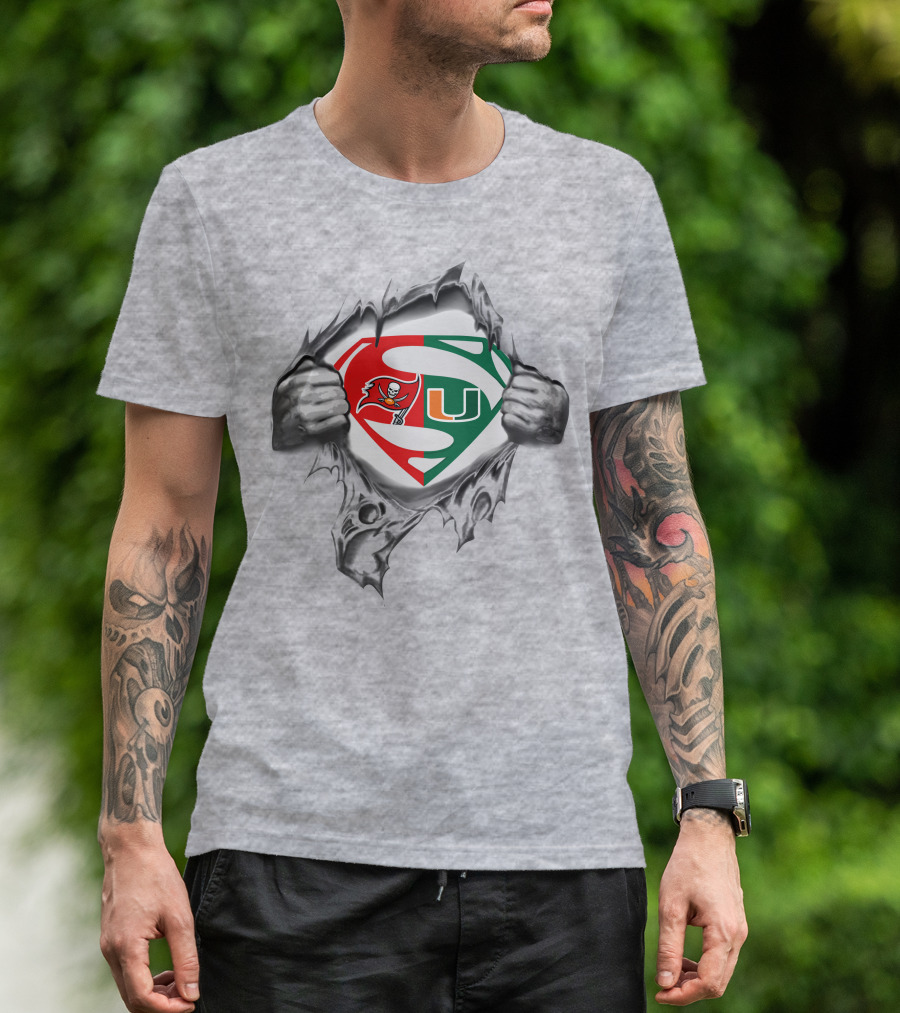 Superman Logo With Buccaneers And Miami Hurricanes Symbols Tear Reveal T-Shirt