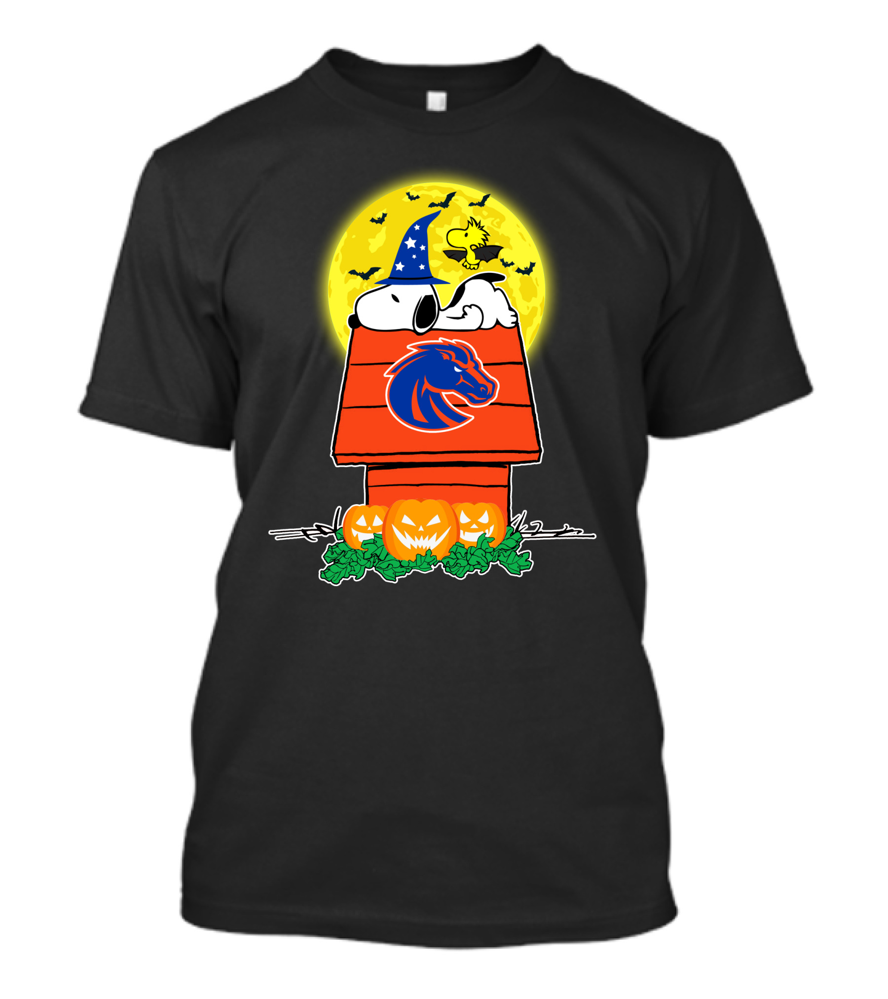 Boise State Broncos Snoopy Woodstock Halloween Pumpkins Moon Bats T-Shirt