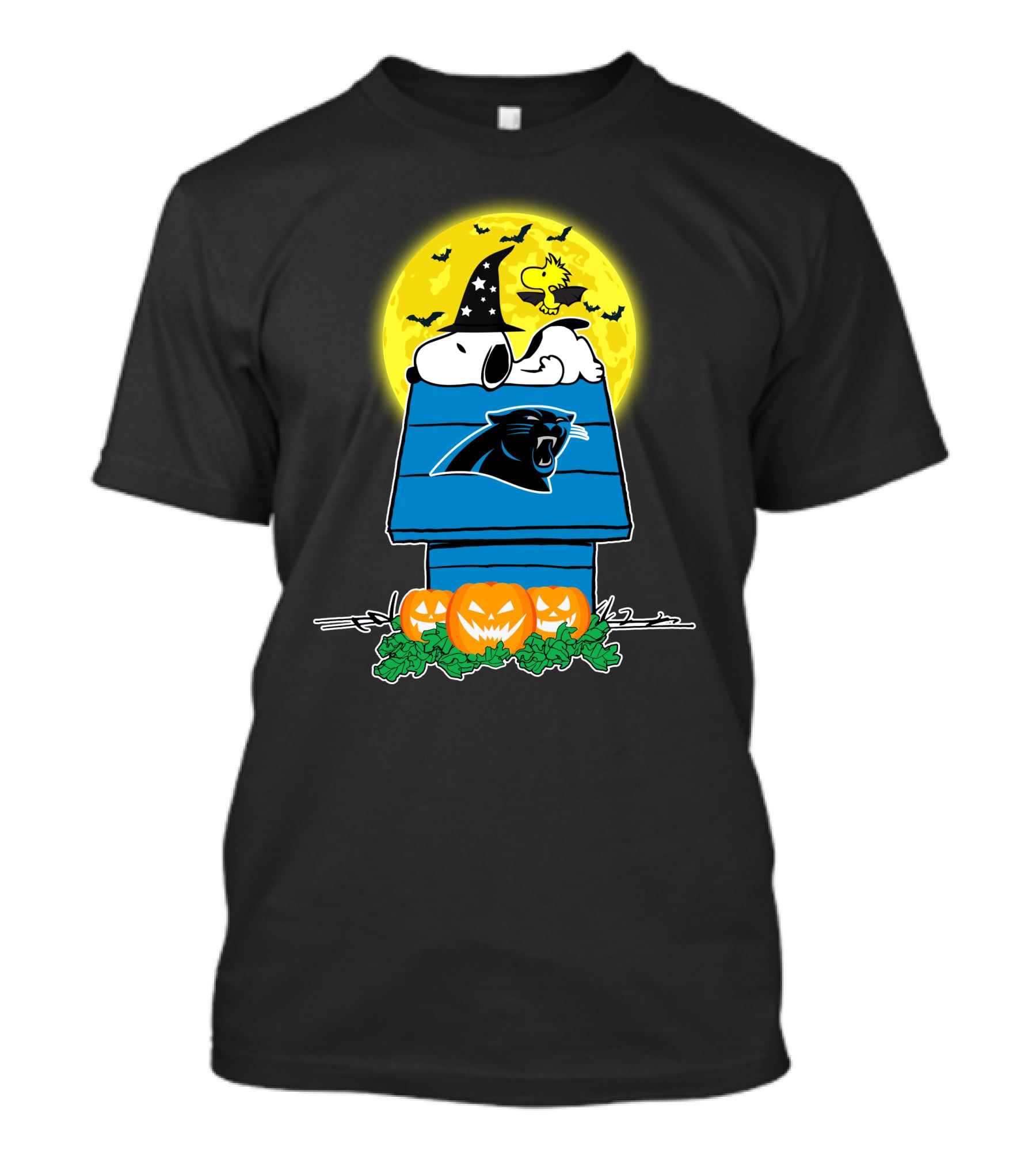 Carolina Panthers Snoopy Woodstock Halloween Pumpkins Moon House T-Shirt