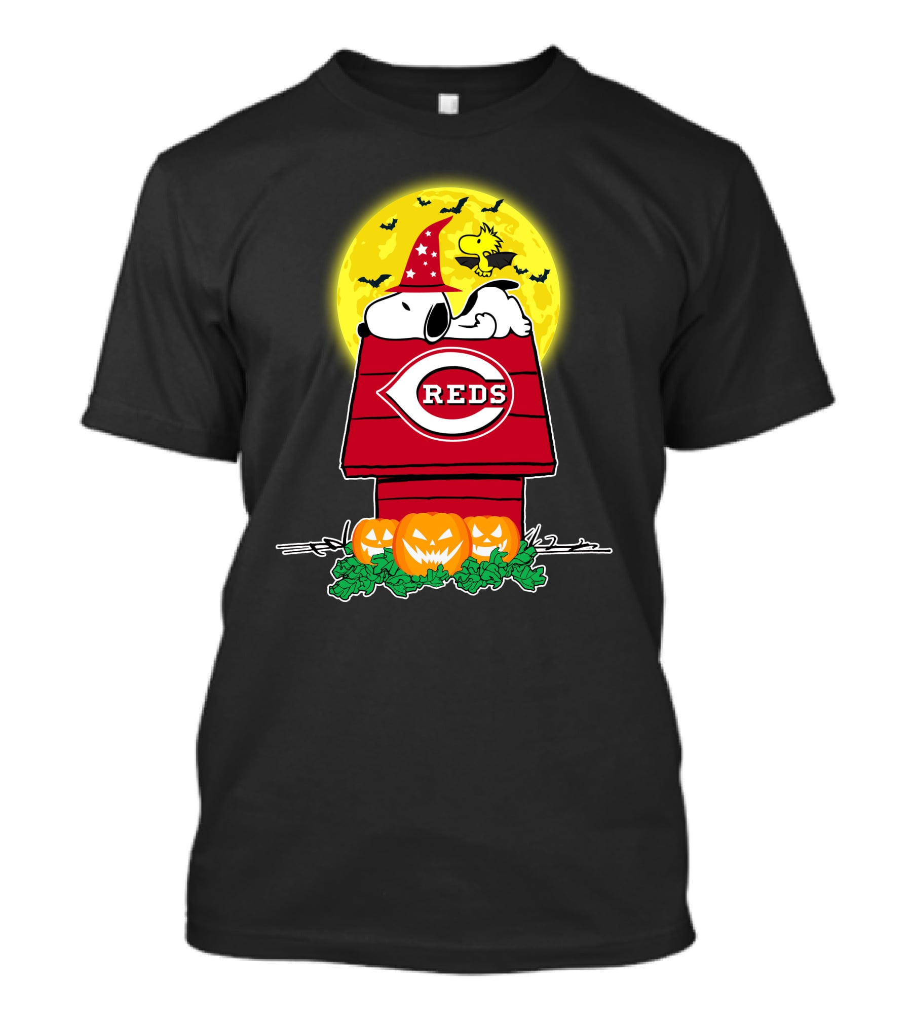 Cincinnati Reds Snoopy Halloween Doghouse Moon Pumpkins T-Shirt