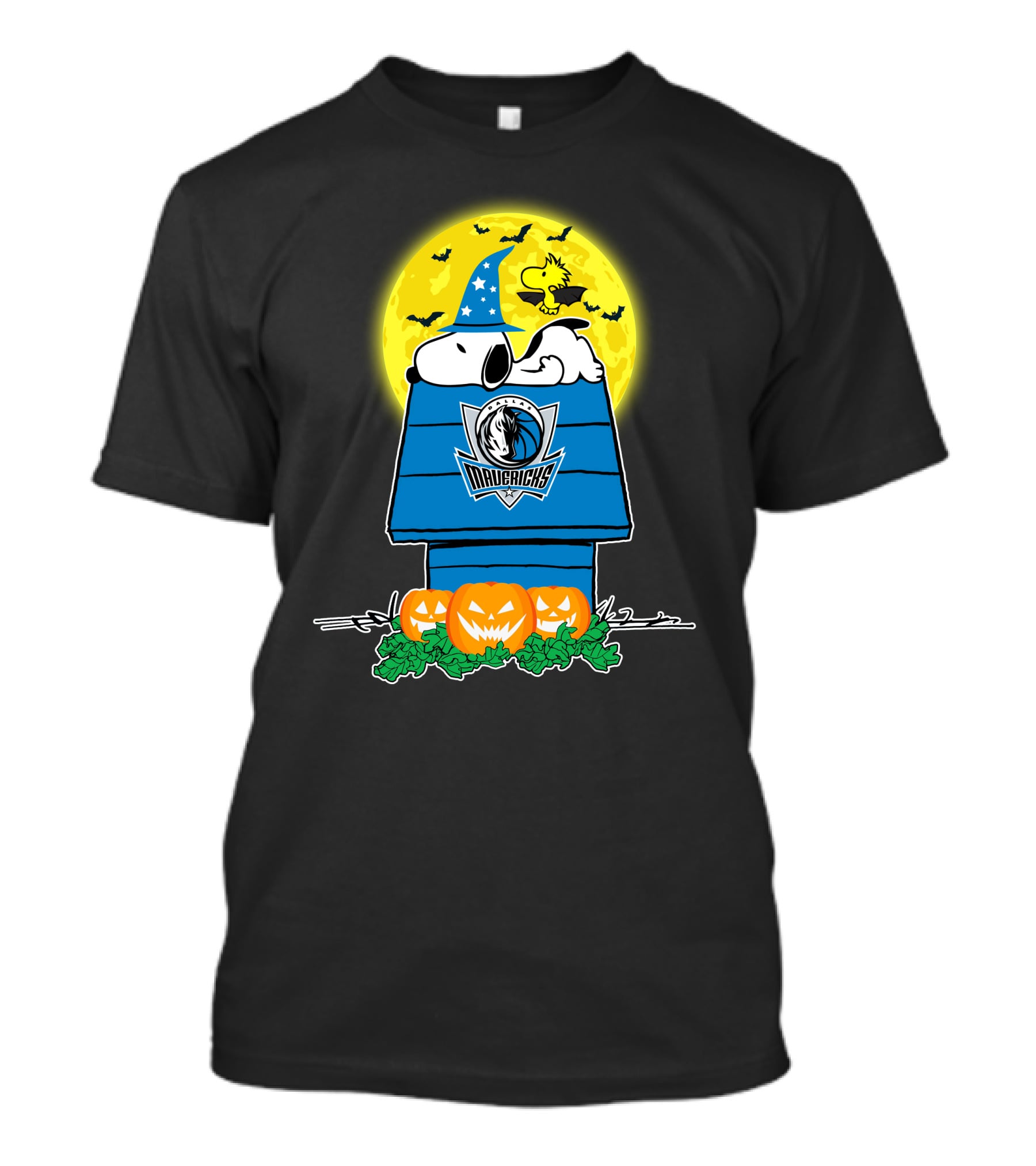 Dallas Mavericks Snoopy Halloween Doghouse Moon Pumpkins T-Shirt