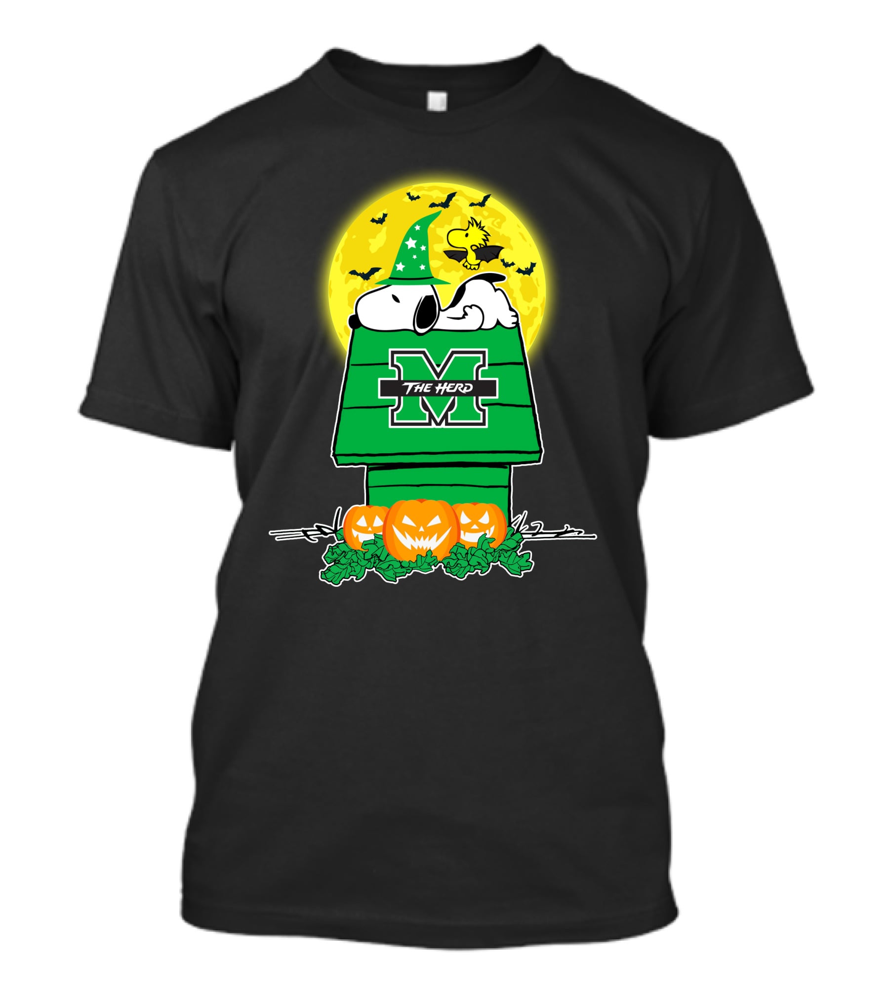 Marshall Thundering Herd Snoopy Woodstock Halloween Pumpkins Moon T-Shirt