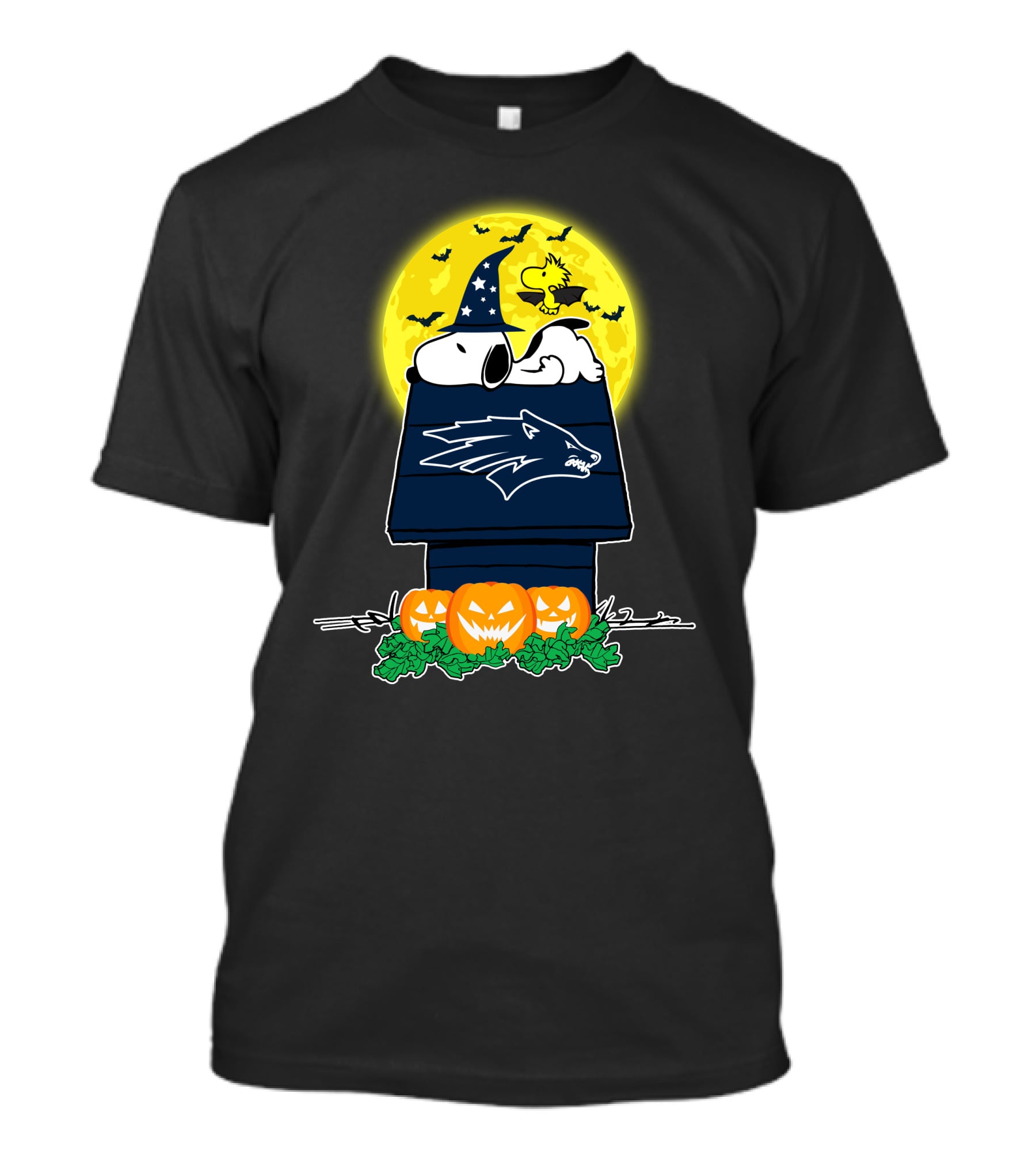 Nevada Wolf Pack Snoopy Woodstock Halloween Pumpkins Moon Bats T-Shirt