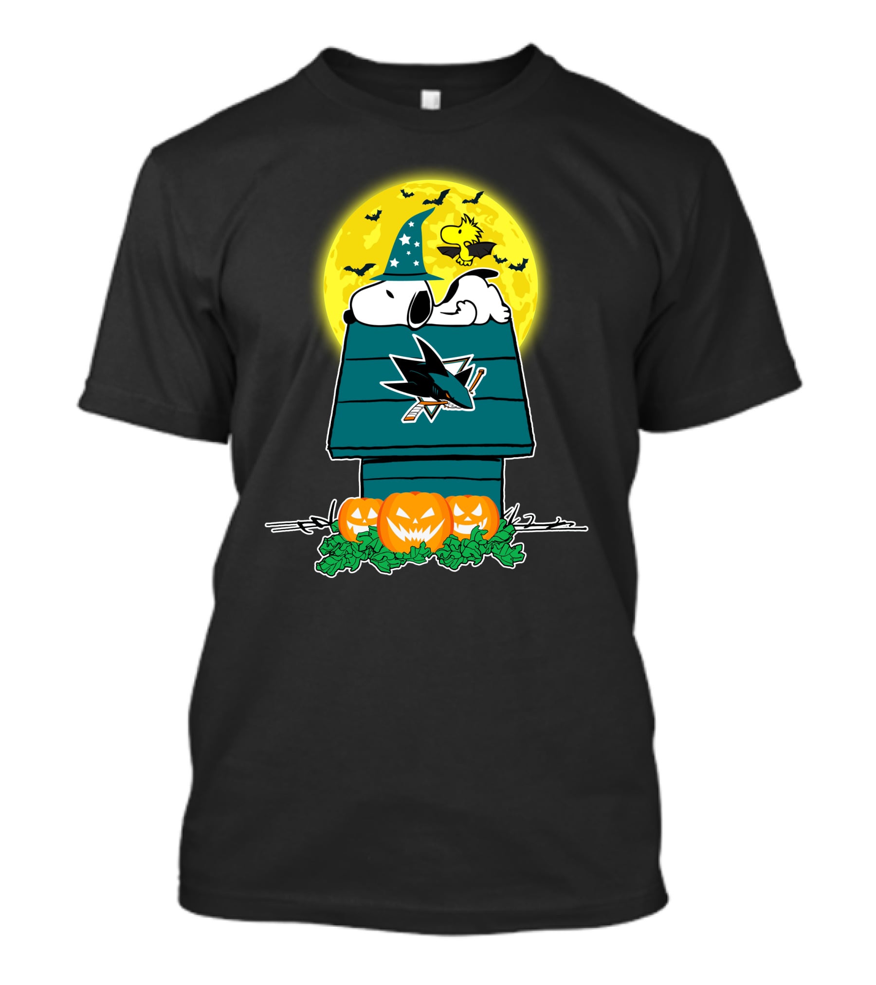 San Jose Sharks Snoopy Halloween Moon Wizard Woodstock Pumpkins T-Shirt