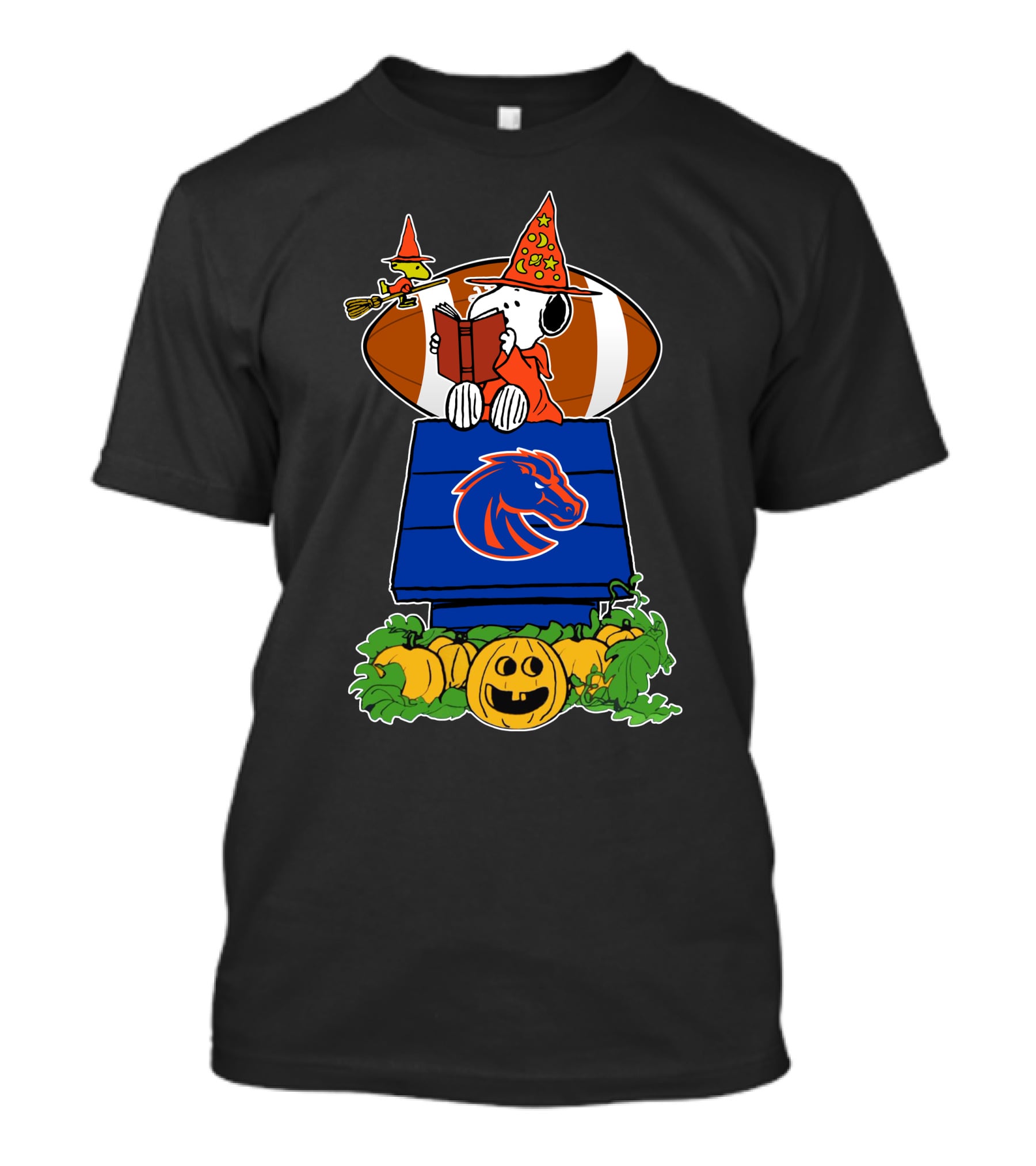 Boise State Broncos Halloween Snoopy Reading On Doghouse With Pumpkins And Football T-Shirt