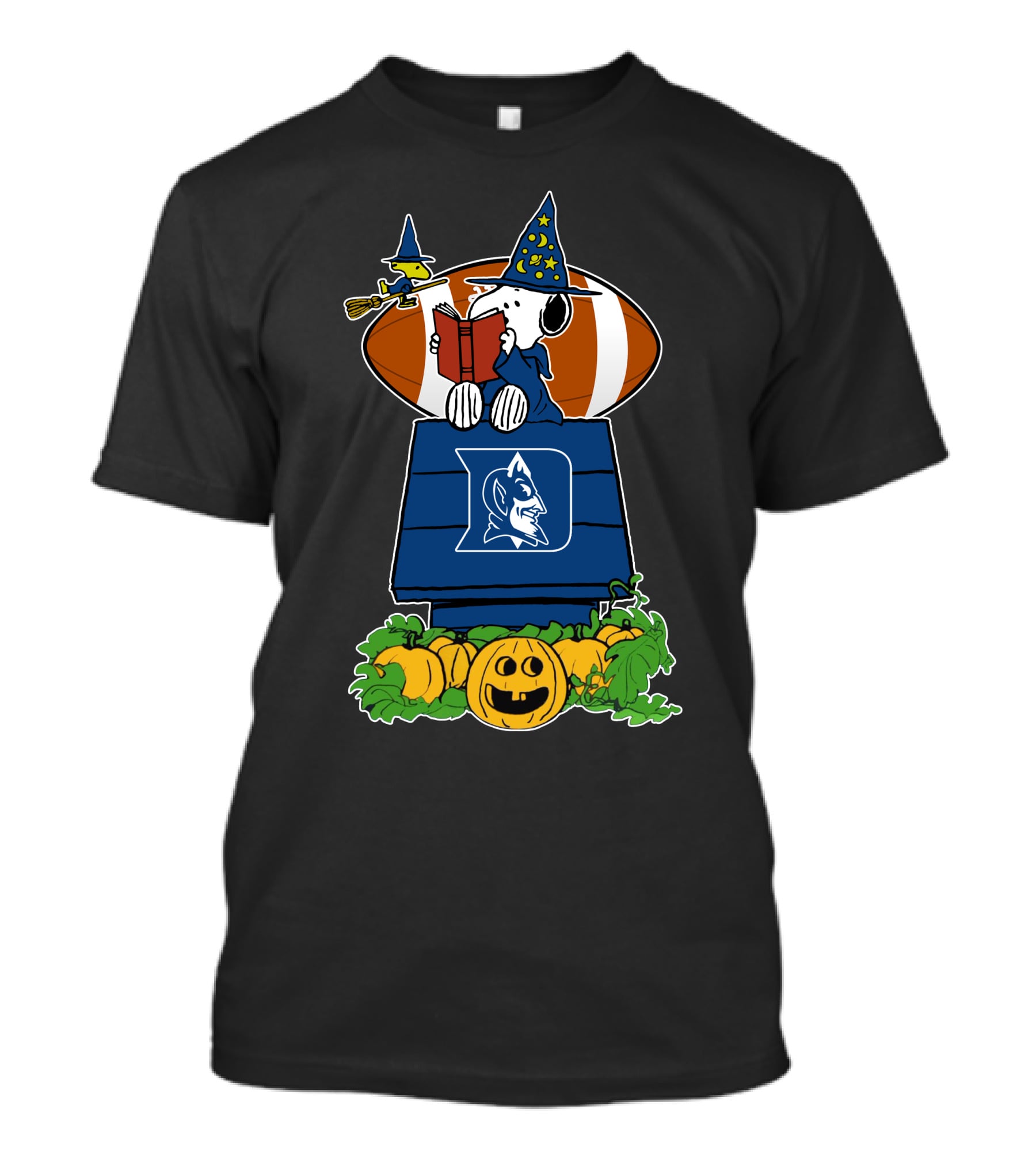 Duke Blue Devils Snoopy Halloween Peanuts Witch Woodstock Football Jack-O'-Lantern T-Shirt