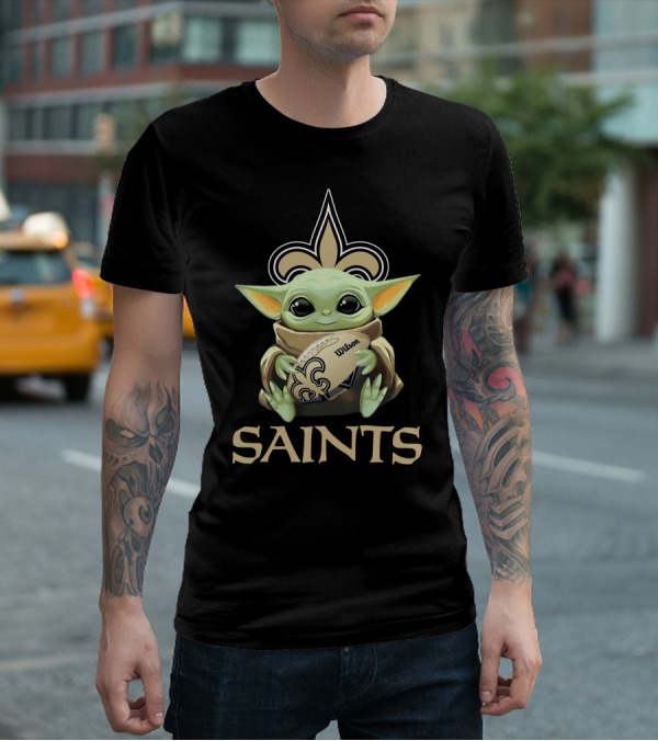 New Orleans Saints Baby Yoda Wilson Football Fleur-De-Lis T-Shirt
