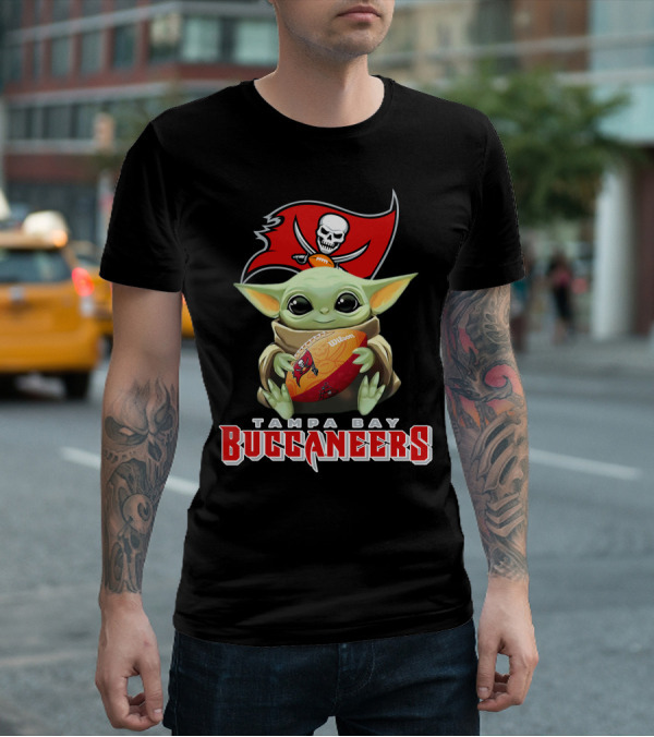 Tampa Bay Buccaneers Baby Yoda Holding Wilson Football T-Shirt