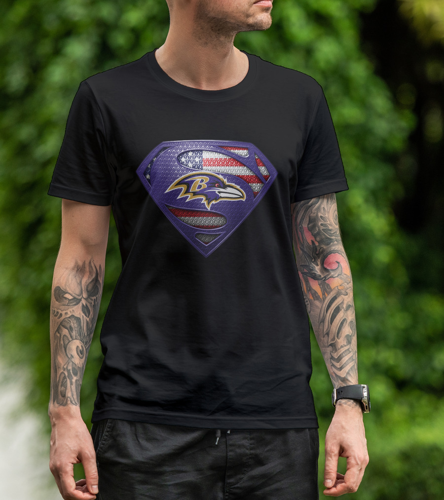 Baltimore Ravens Superman Shield American Flag T-Shirt