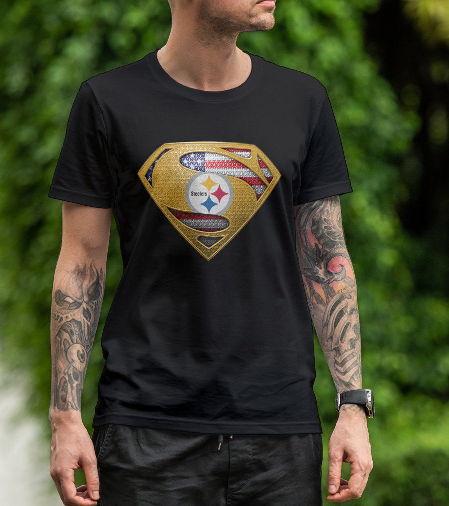 Pittsburgh Steelers American Flag Superman Shield Badge T-Shirt