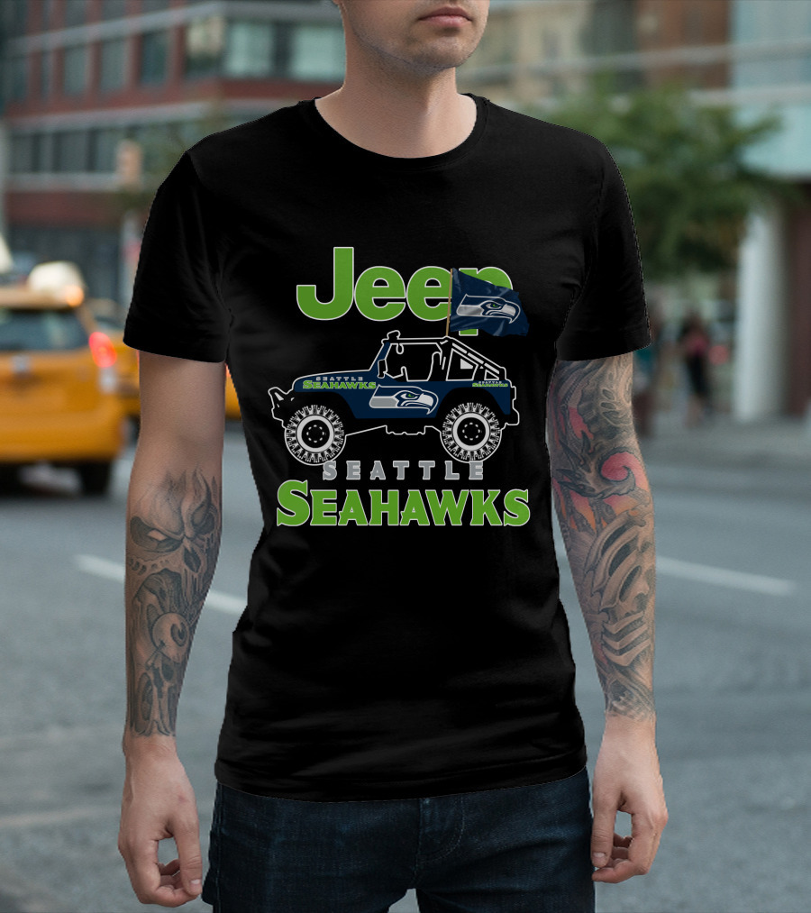 Jeep Seattle Seahawks Team Logo With Flag And Off-Road Vehicle T-Shirt