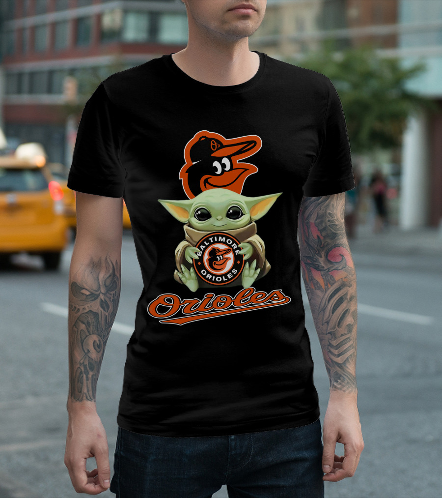 Baltimore Orioles Baby Yoda Holding Logo With Mascot And Team Name T-Shirt