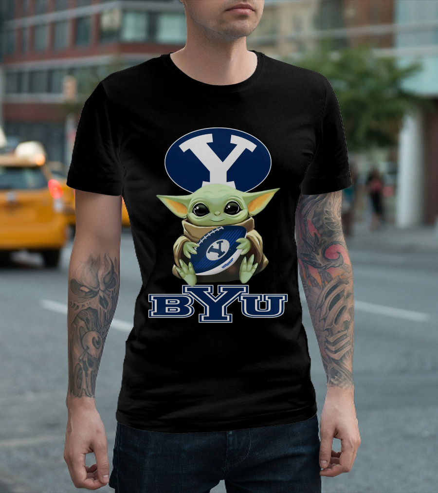 Byu Cougars Baby Yoda Holding Football With Byu T-Shirt
