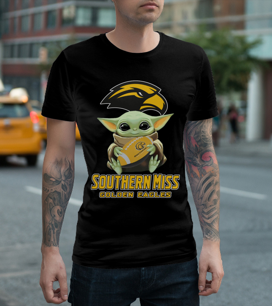 Southern Miss Golden Eagles Baby Yoda Holding Football T-Shirt