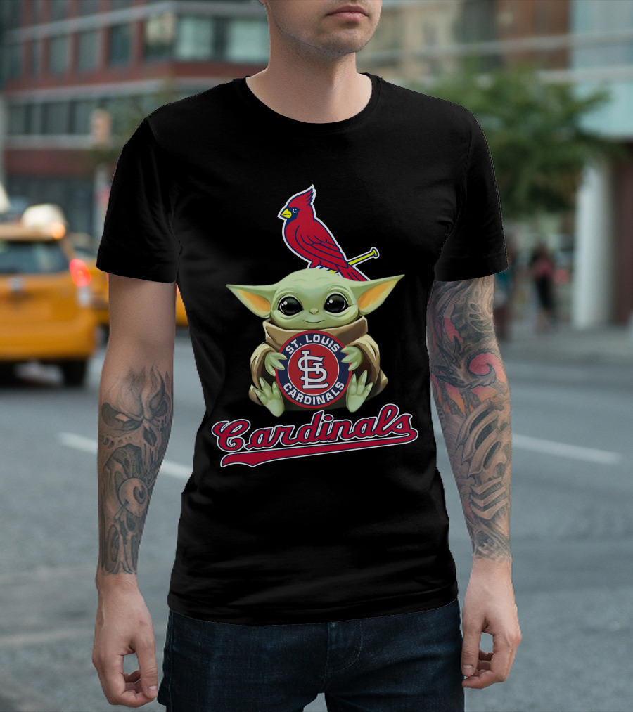 St. Louis Cardinals Baby Yoda Holding Logo With Cardinal Bird T-Shirt