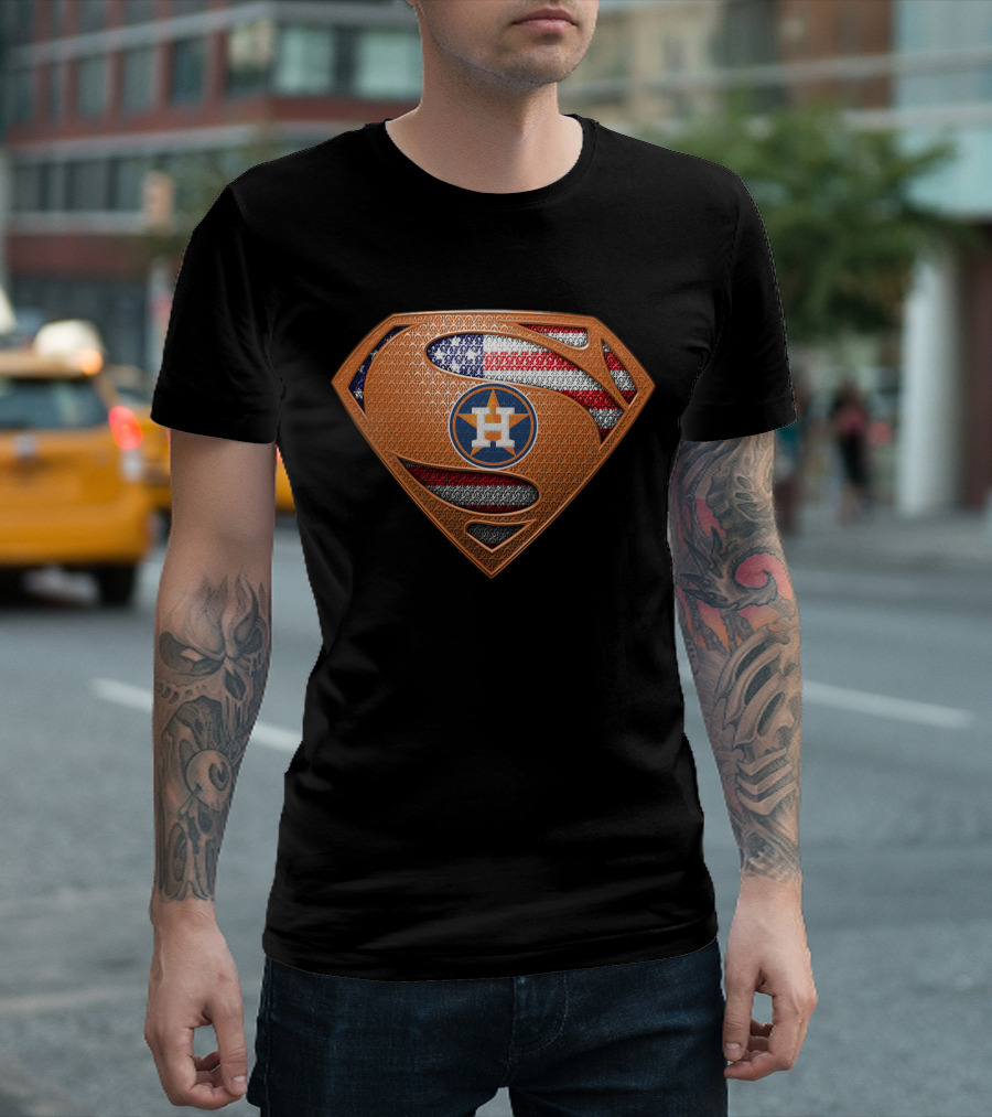 Houston Astros Superman American Flag Shield T-Shirt