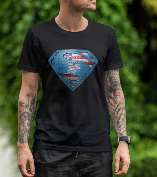 Oklahoma City Thunder Superman Shield With Usa Flag T-Shirt
