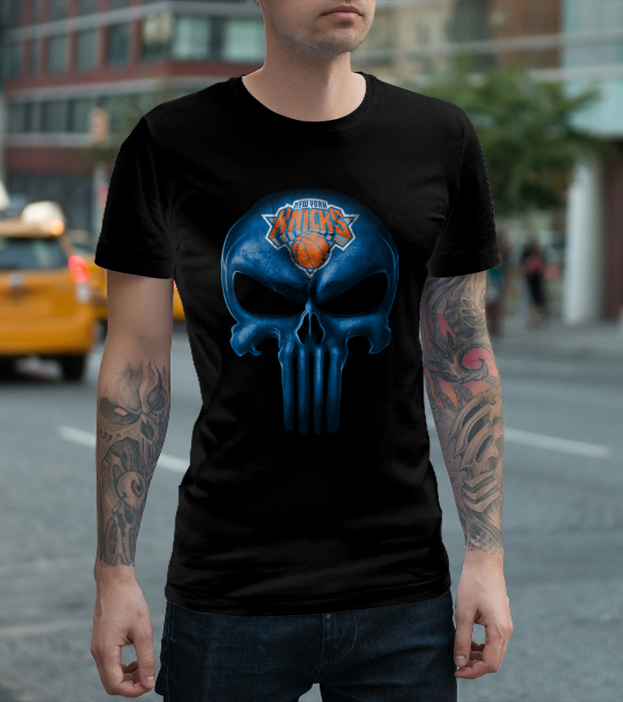 New York Knicks Skull Basketball Logo Fusion T-Shirt
