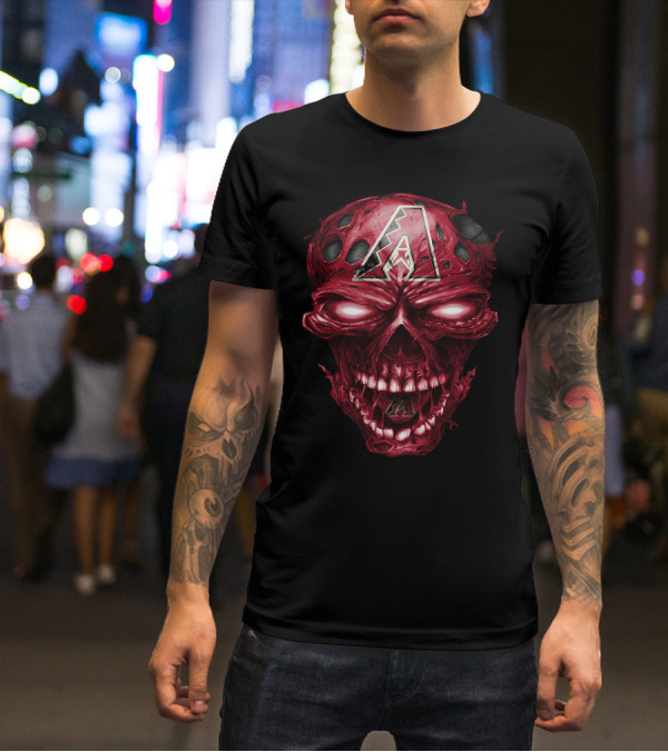 Arizona Diamondbacks Skull With Team Logo On Red Textured T-Shirt