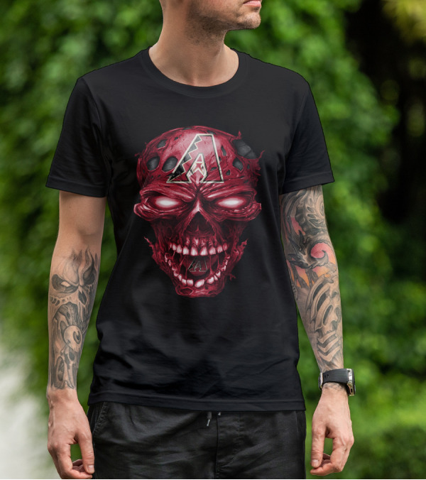 Arizona Diamondbacks Skull With Team Logo On Red Textured T-Shirt