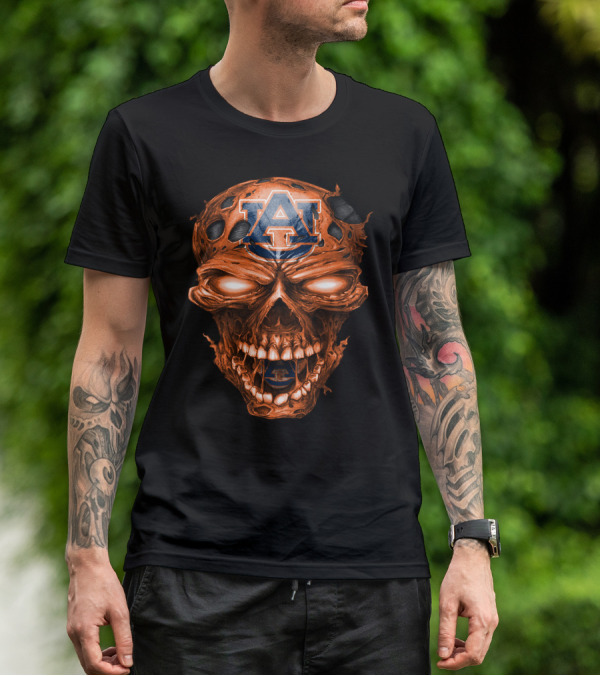 Auburn Tigers Skull With Auburn Logo And Fiery Eyes T-Shirt